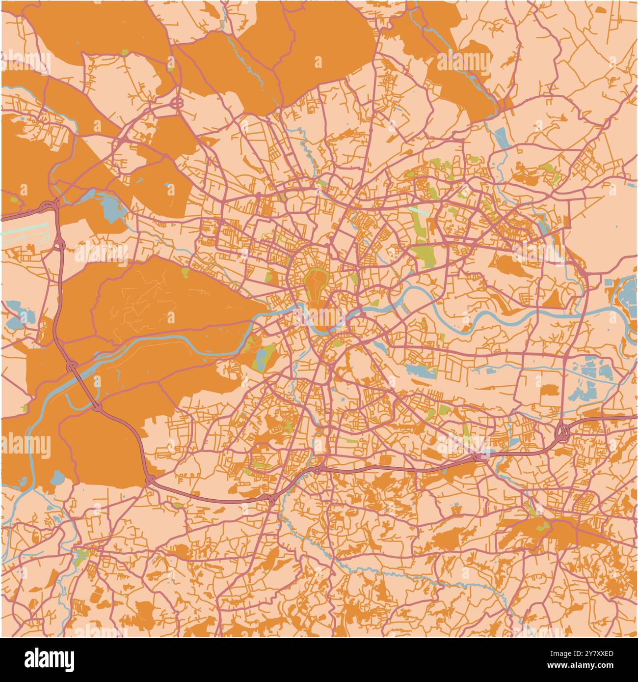 Mappa di Cracovia in Polonia in un tema sabbioso. Contiene vettore stratificato con strade, acqua, parchi, ecc. Illustrazione Vettoriale
