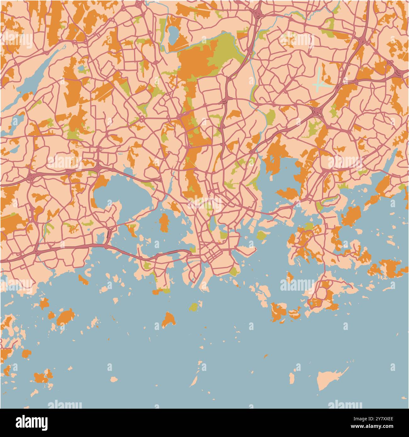 Mappa di Helsinki in Finlandia in un tema sabbioso. Contiene vettore stratificato con strade, acqua, parchi, ecc. Illustrazione Vettoriale