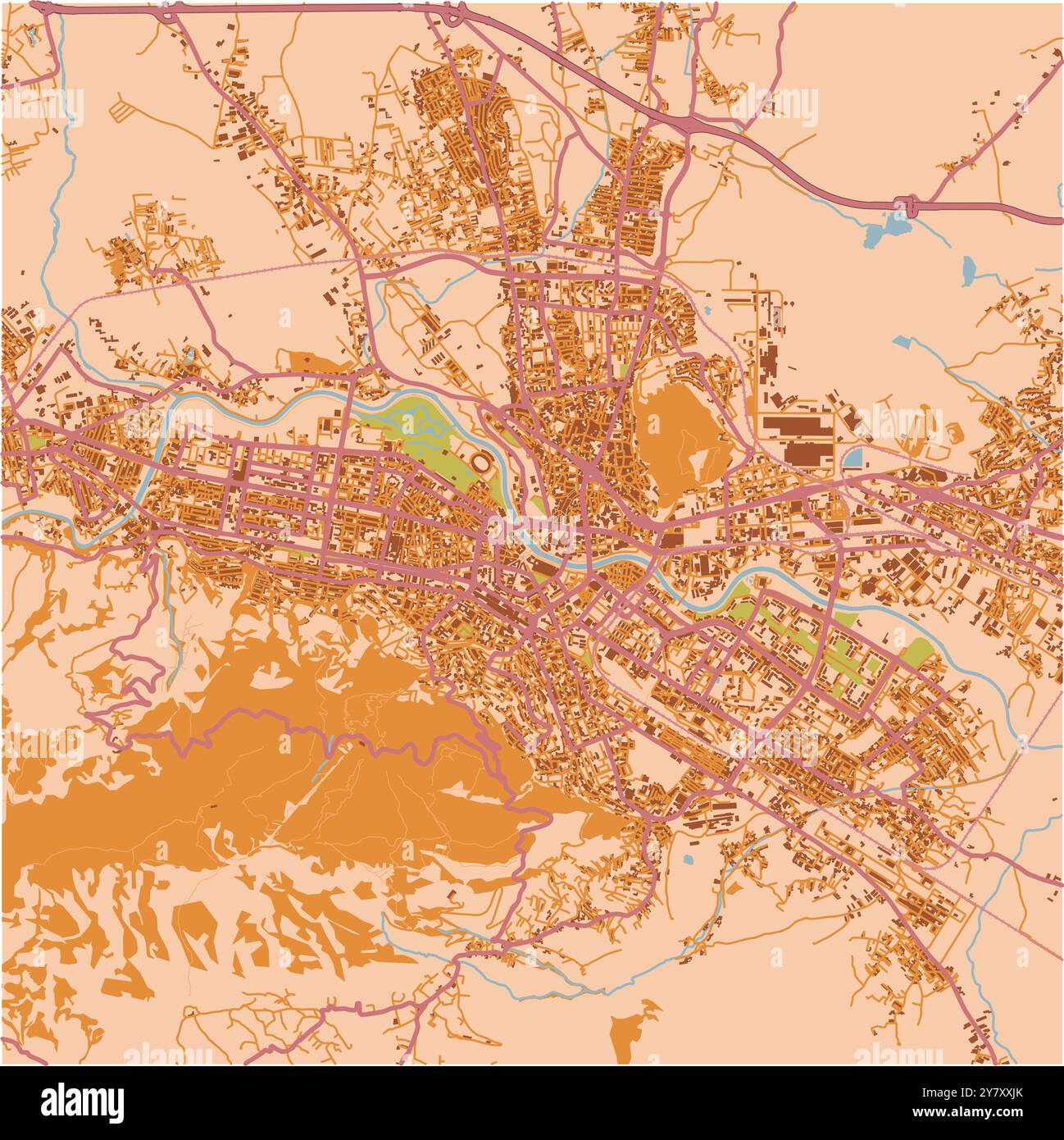 Mappa di Skopje nella Macedonia del Nord in un tema sabbioso. Contiene vettore stratificato con strade, acqua, parchi, ecc. Illustrazione Vettoriale