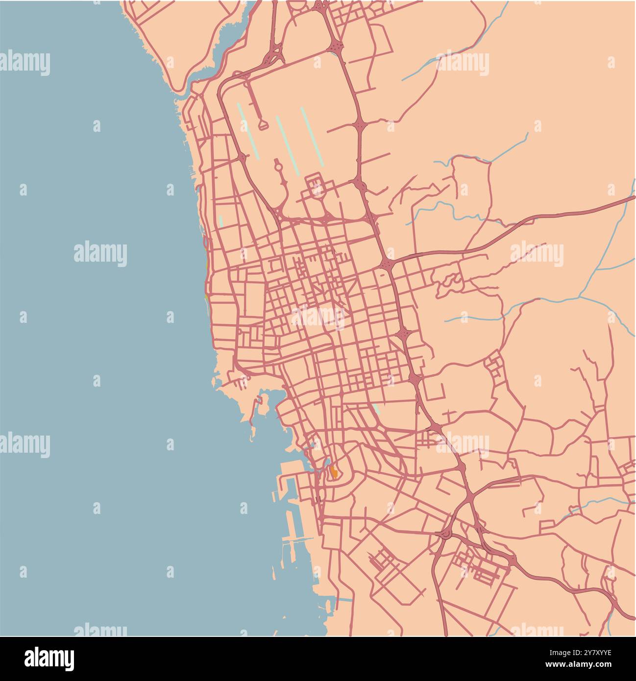 Mappa di Jeddah in Arabia Saudita in un tema sabbioso. Contiene vettore stratificato con strade, acqua, parchi, ecc. Illustrazione Vettoriale