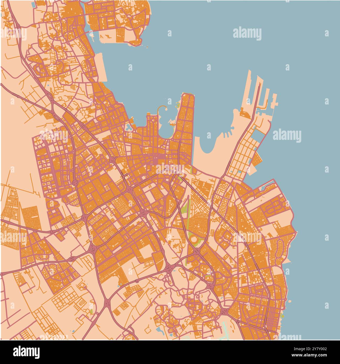 Mappa di Dammam in Arabia Saudita in un tema sabbioso. Contiene vettore stratificato con strade, acqua, parchi, ecc. Illustrazione Vettoriale