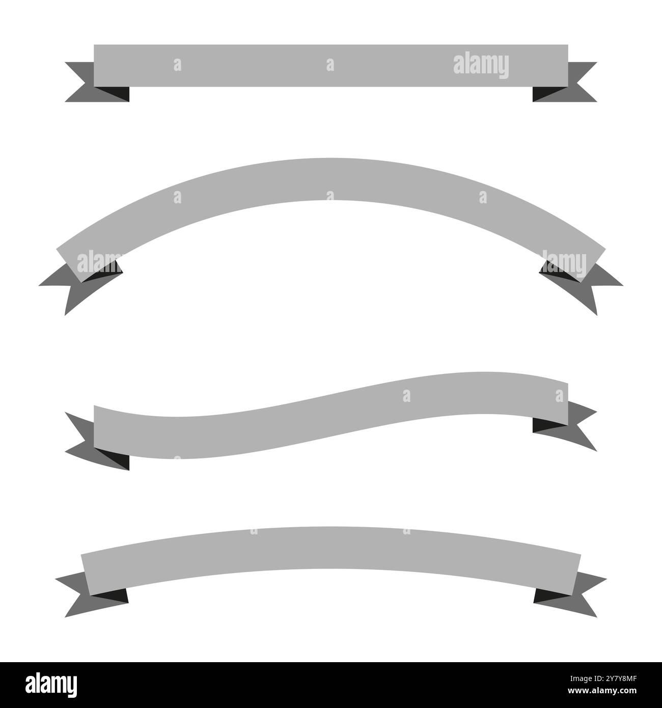 Striscioni a nastro curvi. Nastro grigio con estremità piegate. Set di quattro nastri vettoriali. Elementi decorativi per striscioni. Illustrazione Vettoriale