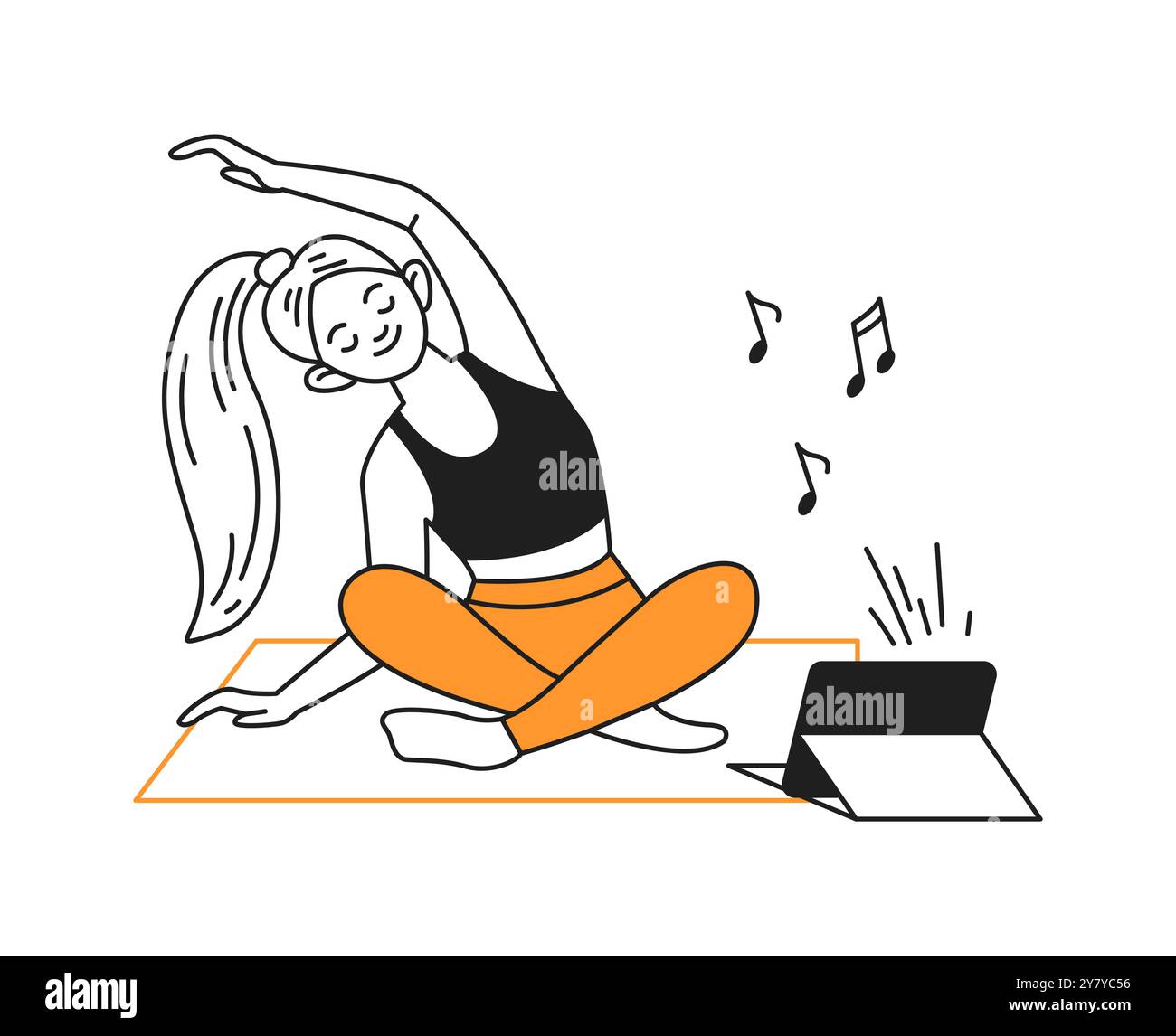 Giovane donna che pratica yoga online icona vettoriale lineare Illustrazione Vettoriale