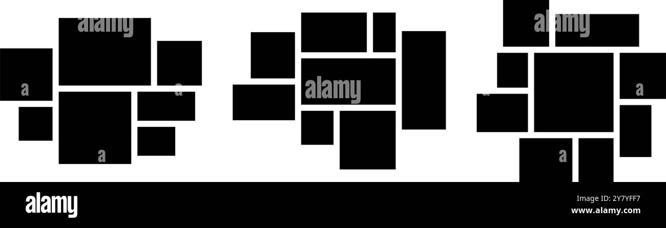 Set layout collage immagine. Mosaic nero Mosaic Mood board GRID Collection. 7-9 disposizione della composizione delle immagini. Modello di album fotografico per banner, poster, mockup, volantini, brochure, opuscolo, muro di memoria. Vettore Illustrazione Vettoriale