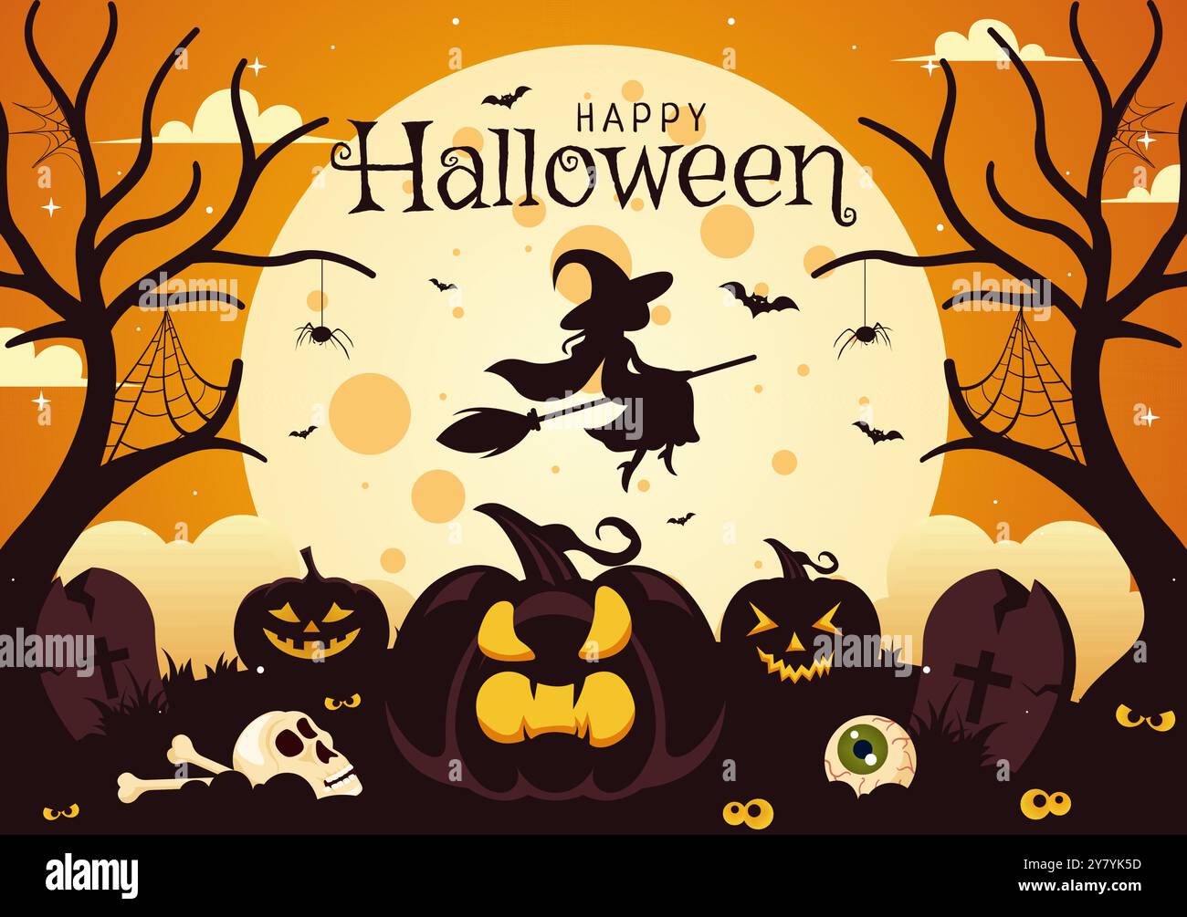 Happy Halloween Night Vector Illustration con le zucche al chiaro di luna, i fantasmi e altri elementi spettrali sullo sfondo piatto del cartone animato Illustrazione Vettoriale