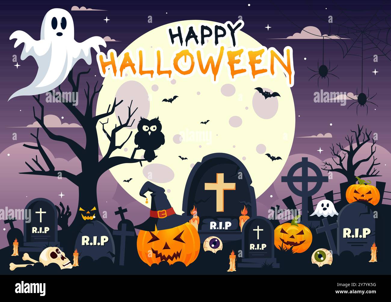 Happy Halloween Night Vector Illustration con le zucche al chiaro di luna, i fantasmi e altri elementi spettrali sullo sfondo piatto del cartone animato Illustrazione Vettoriale