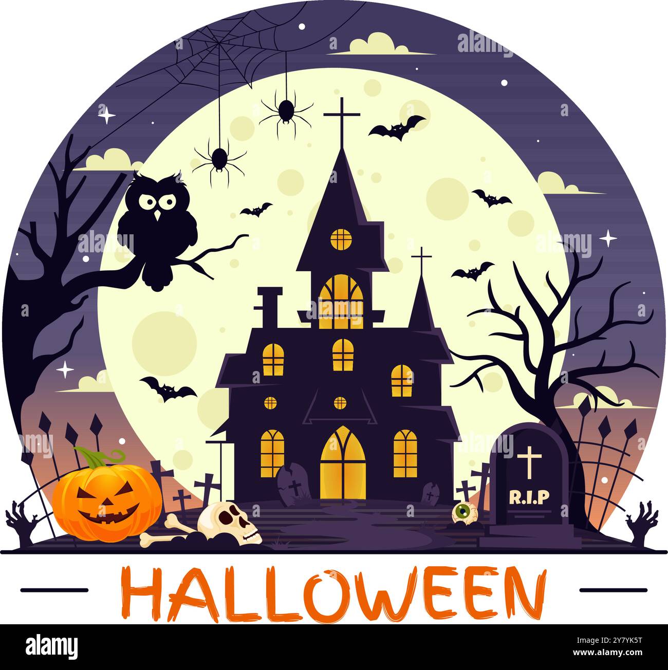 Happy Halloween Night Vector Illustration con le zucche al chiaro di luna, i fantasmi e altri elementi spettrali sullo sfondo piatto del cartone animato Illustrazione Vettoriale