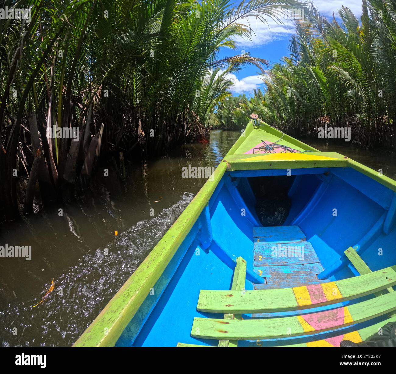 Barca che prosegue su un fiume tropicale fiancheggiato da palme Nipa, Rammang Rammang, Leang Leang Valley, vicino a Makassar, Sulawesi, Indonesia Foto Stock