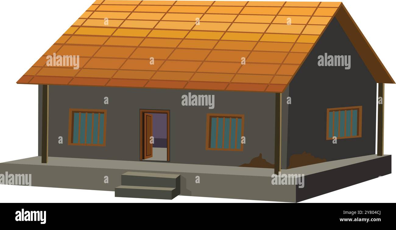 Casa del villaggio con piastrelle e muri di fango. povero vettore di progettazione capanna. Villaggio rurale indiano asiatico piastrelle di argilla tetto cottage casa isolata su un dorso bianco Illustrazione Vettoriale