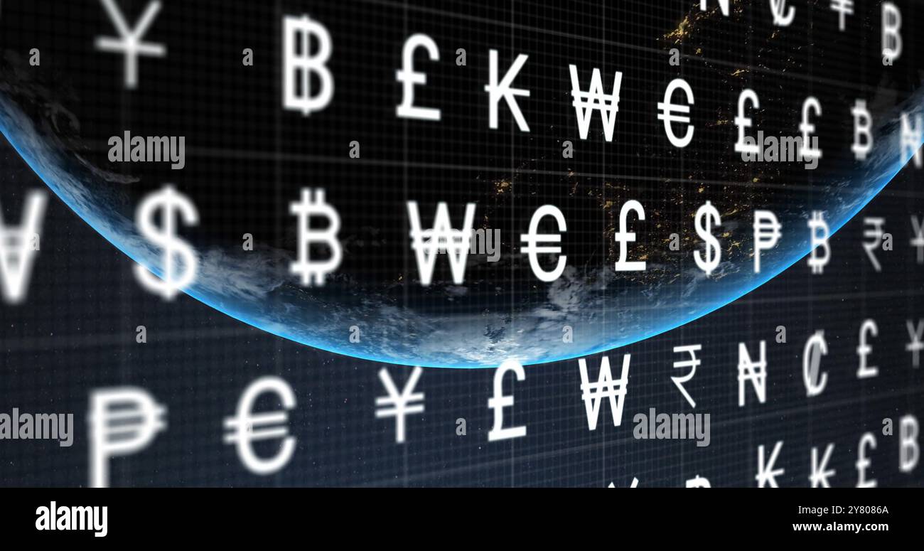 Immagine dei simboli delle valute mondiali sul globo nello spazio Foto Stock