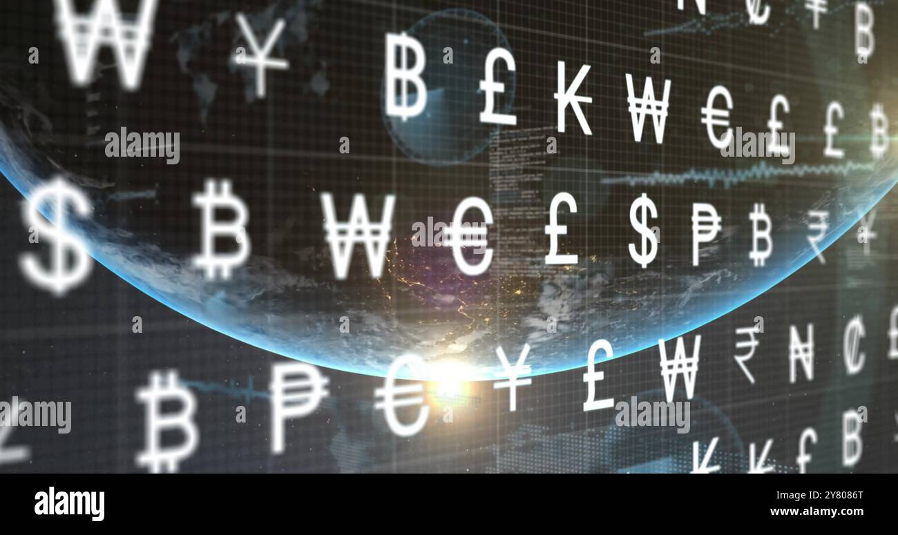 Immagine dei simboli della valuta mondiale che si muovono sul globo e il sole nello spazio Foto Stock