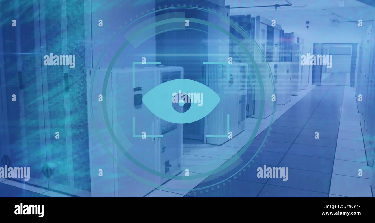 Immagine dell'icona dell'occhio e elaborazione dei dati digitali su server informatici Foto Stock