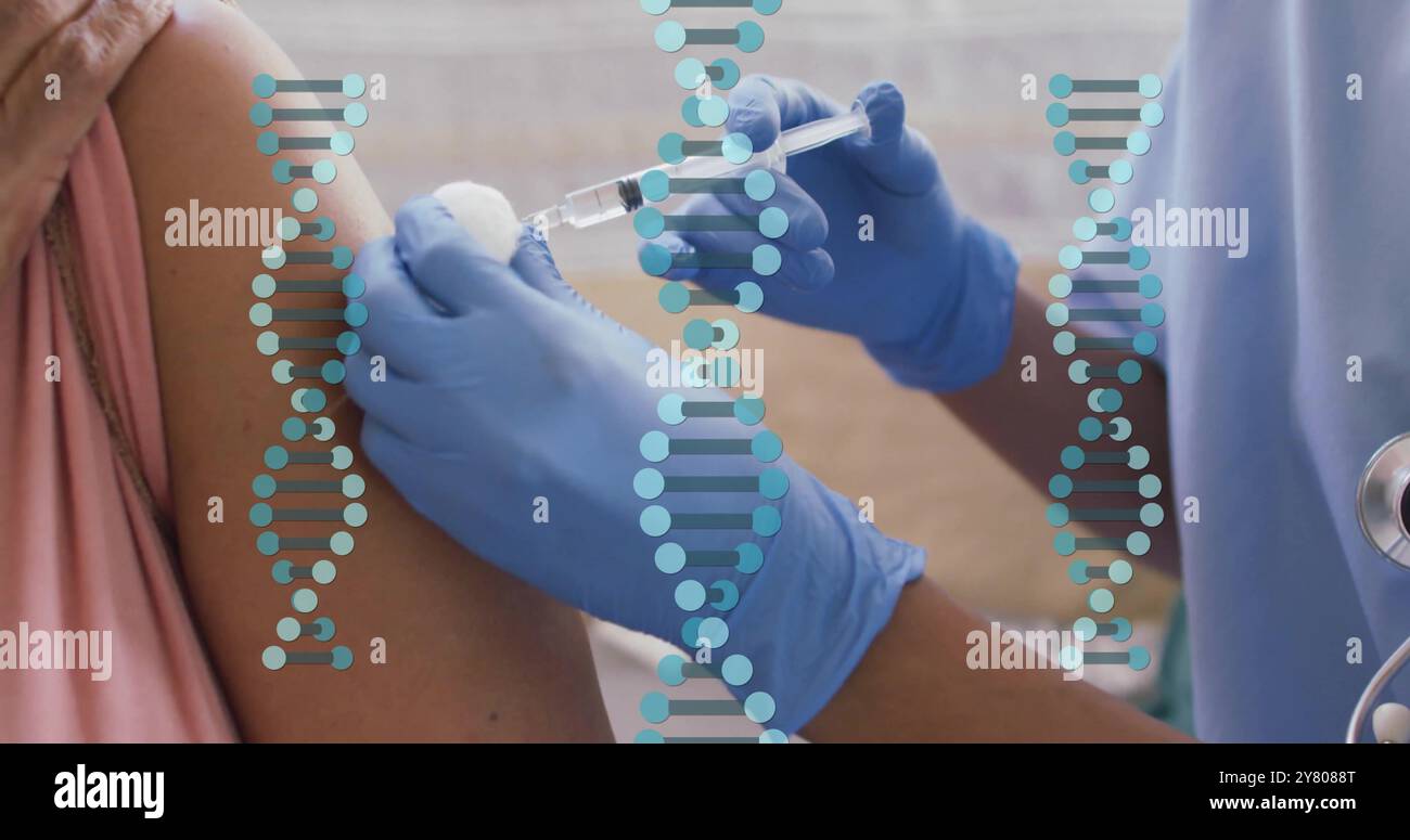 Immagine di filamenti di dna su donna birazziale vaccinata Foto Stock