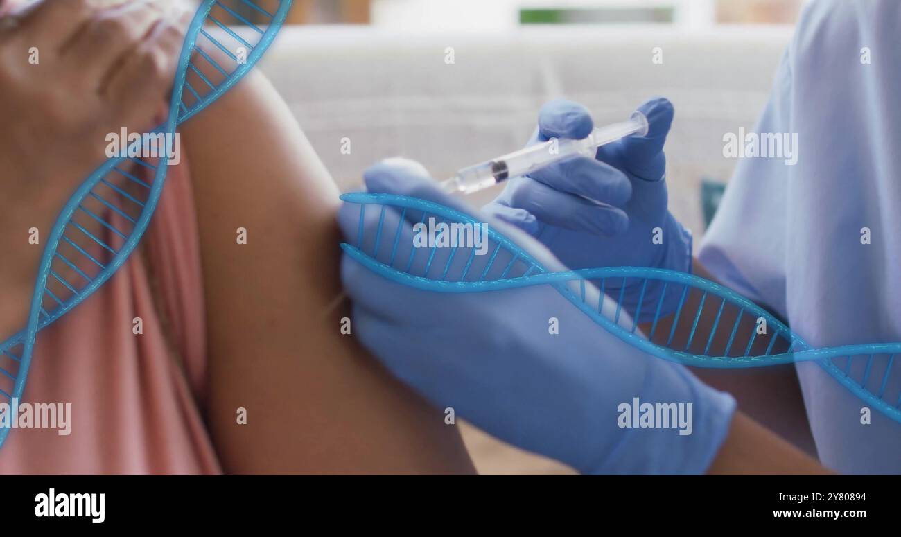 Immagine di filamenti di dna su donna birazziale vaccinata Foto Stock