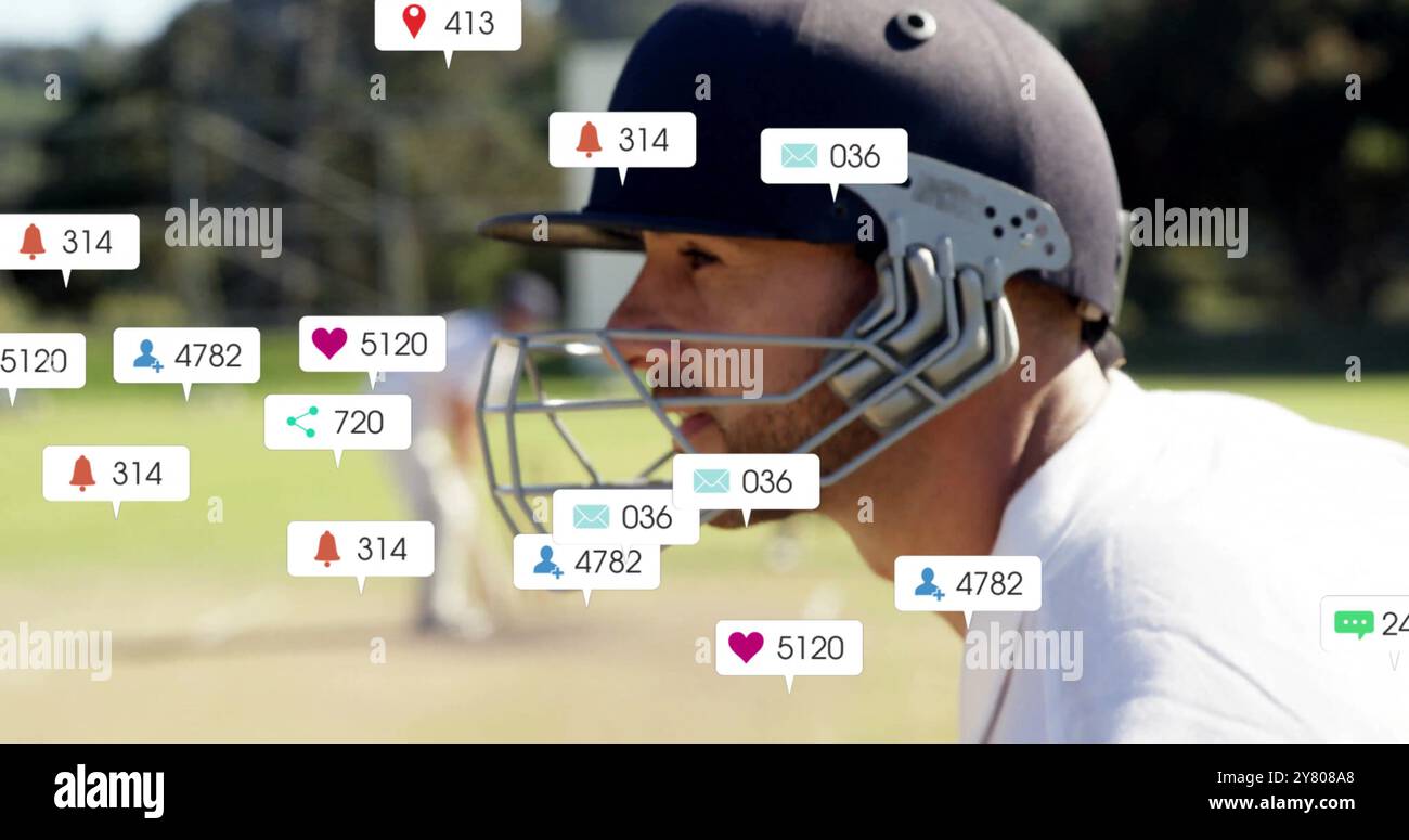 Immagine delle icone e dell'elaborazione dei dati su diversi giocatori di cricket maschi Foto Stock