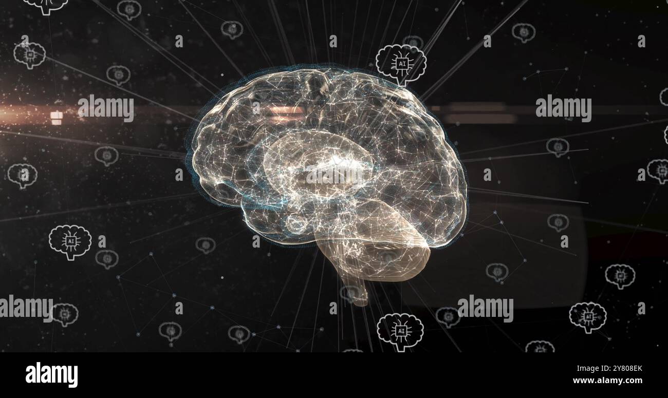 Immagine di una rete di connessioni con cervelli con testi ai su cervello Foto Stock