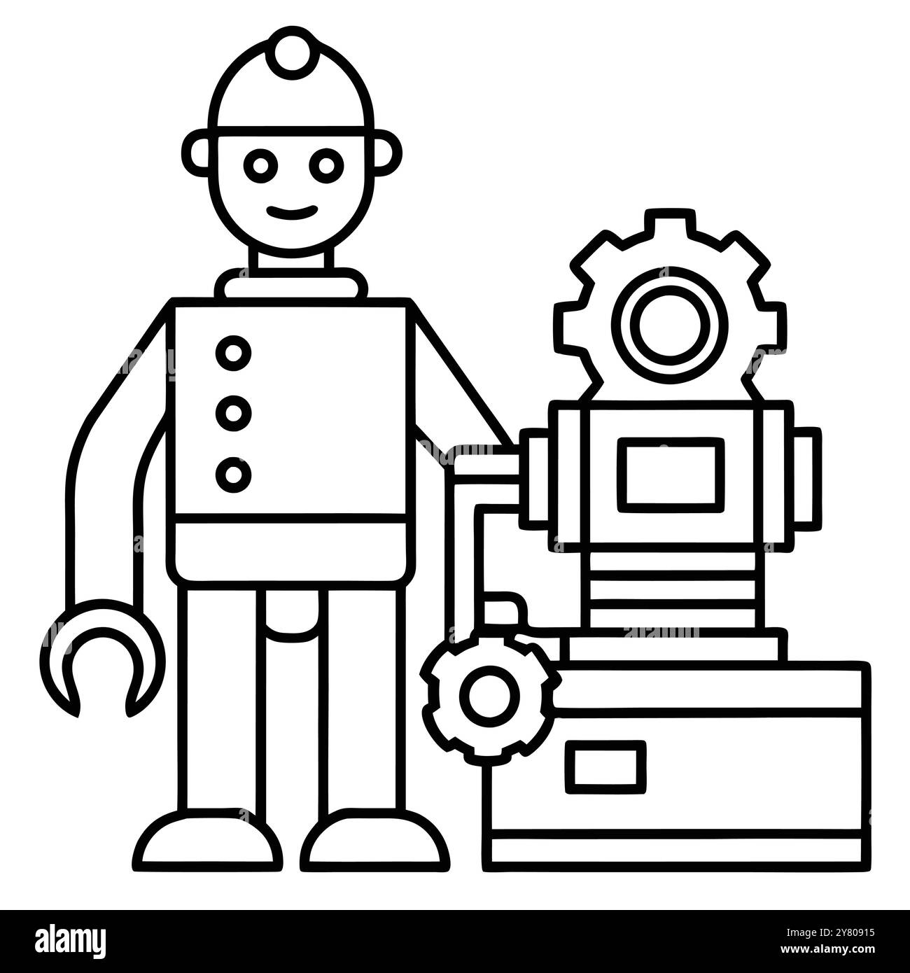 Un robot amichevole si trova accanto a una macchina. enfatizzare l'automazione e il progresso tecnologico. Perfetto per illustrare concetti come la robotica. artif Illustrazione Vettoriale