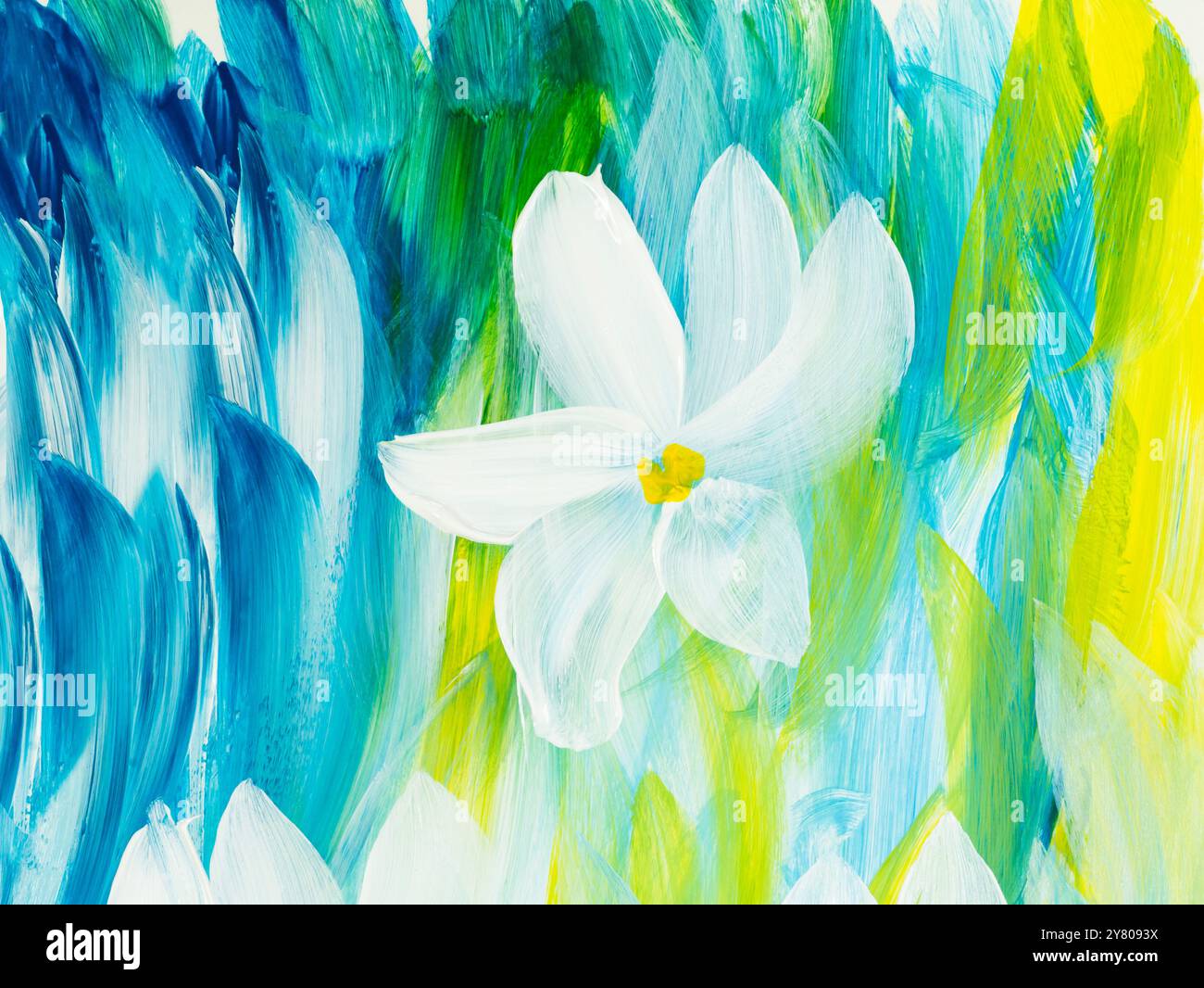 Fiori bianchi astratti, originali disegnati a mano, stile impressionista, texture cromatica, pennellate di pittura, sfondo artistico. Arte moderna. Foto Stock