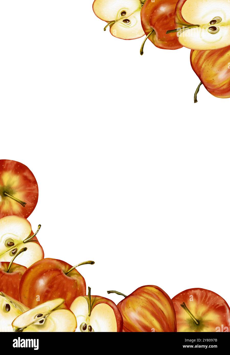 Cornice Apple. Mele e un quarto di mela. Frutti rossi. Illustrazione acquerello Foto Stock