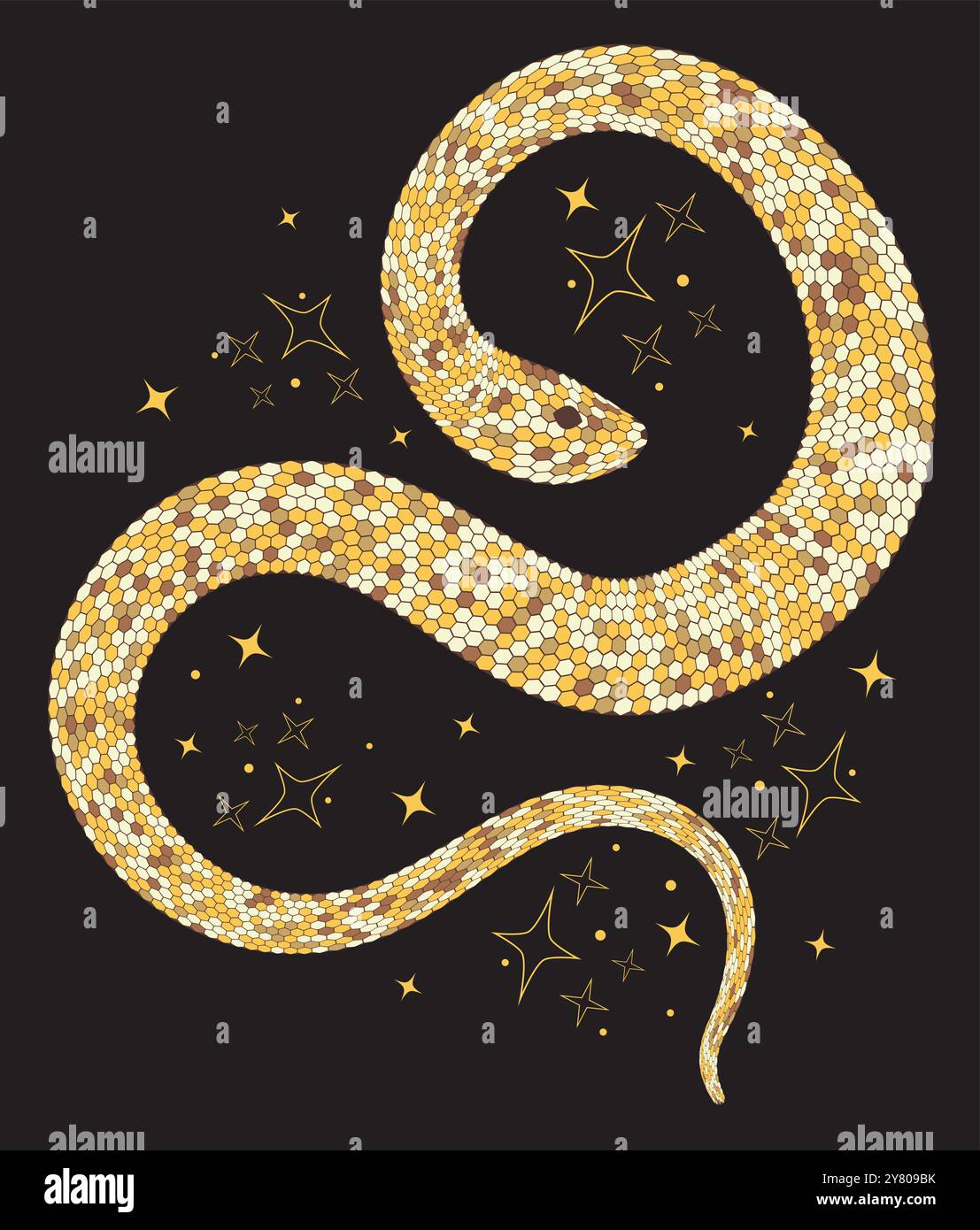 Serpente strisciante stilizzato di colore oro giallo. Illustrazione astratta per sublimazione, poster e stampe. Illustrazione decorativa del serpente con oro Illustrazione Vettoriale