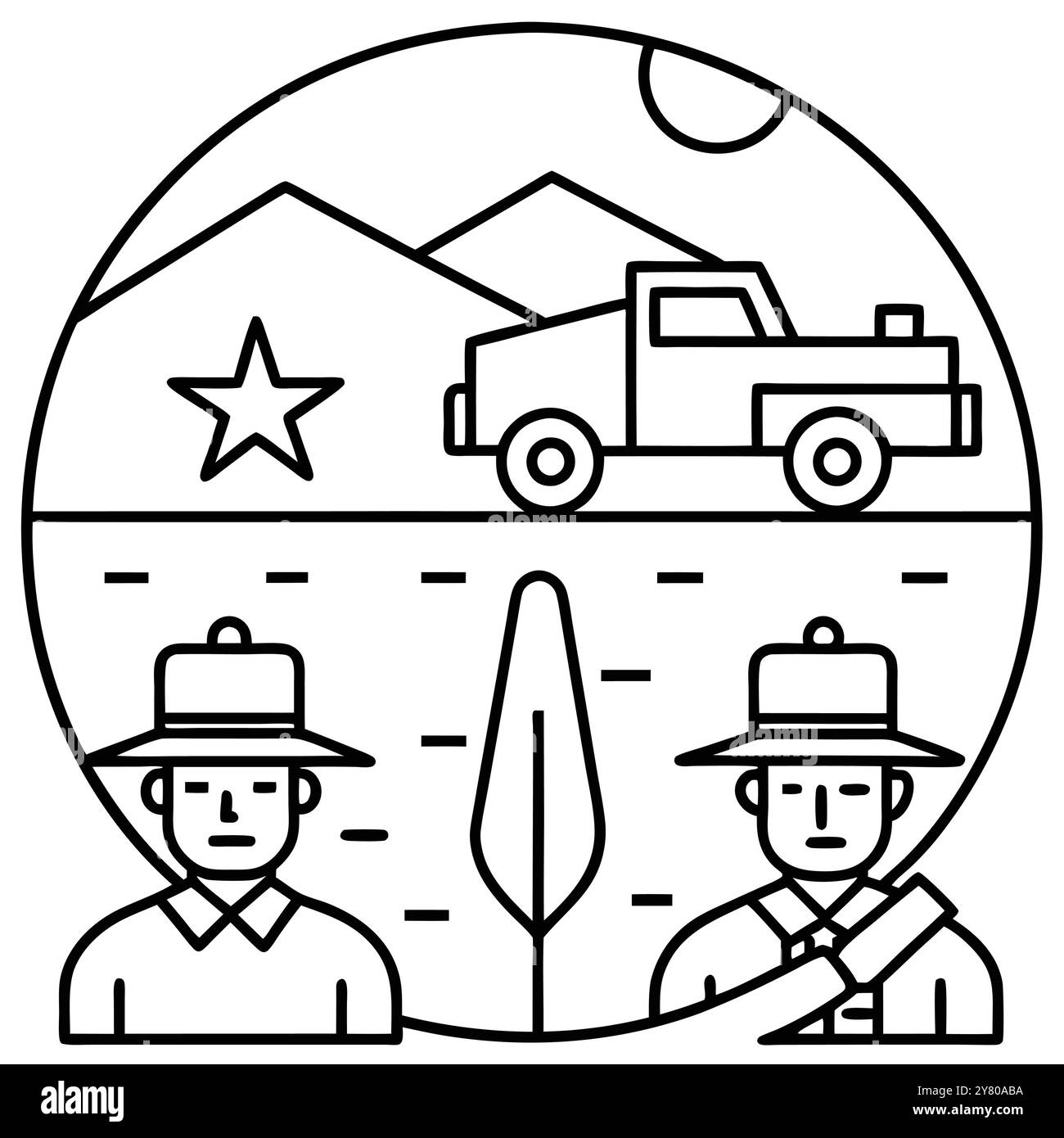 Icona di line art raffigurante due soldati con un camion e una stella in un paesaggio circolare. simboleggiando il servizio militare o il patriottismo. Illustrazione Vettoriale