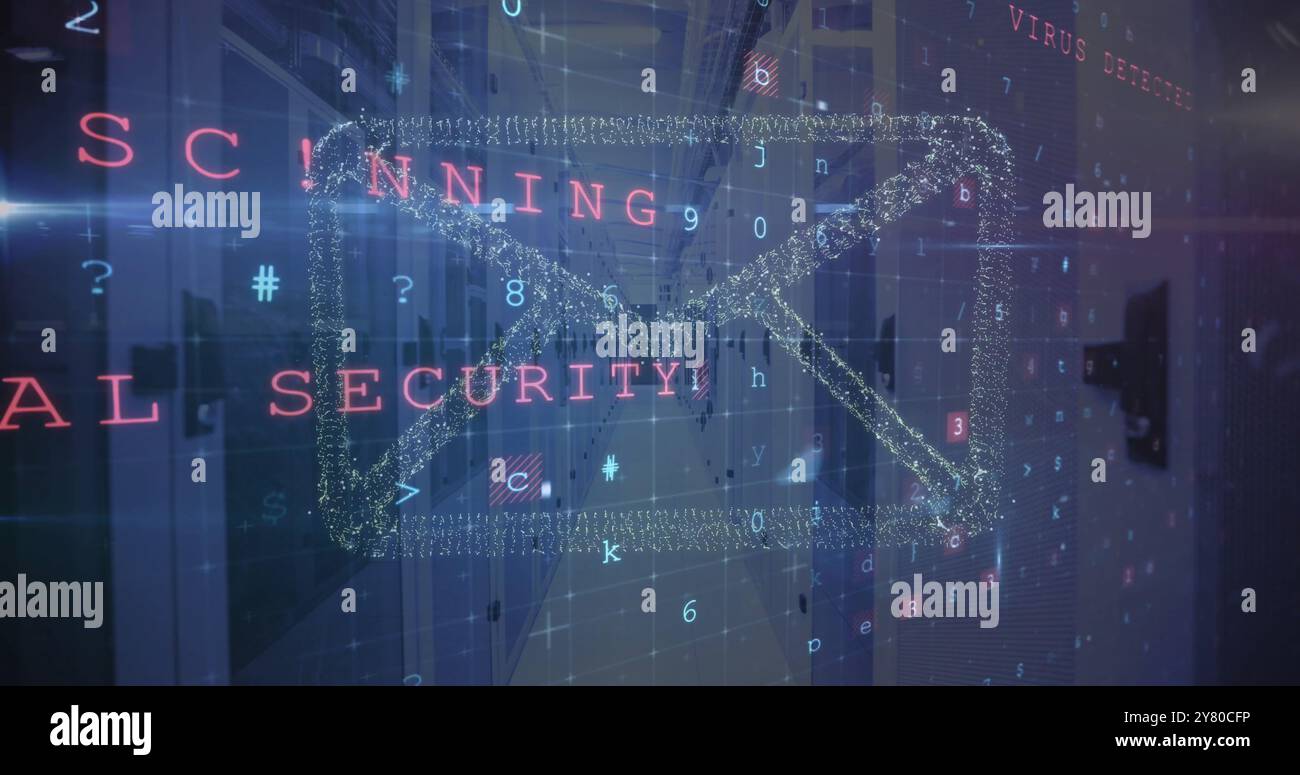 Immagine dell'avviso di virus e dell'elaborazione dei dati digitali su server informatici Foto Stock