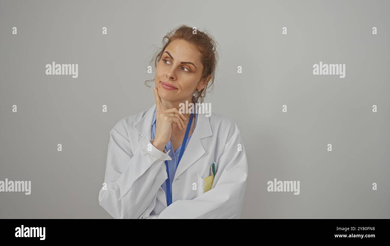 Medico donna premurosa in camice da laboratorio con stetoscopio che riflette su una diagnosi su sfondo bianco Foto Stock