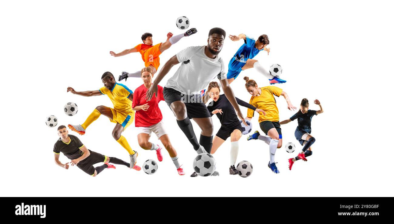 Collage creativo. Persone competitive e determinate, atleti di diversi sport in movimento, che praticano isolati su sfondo bianco Foto Stock