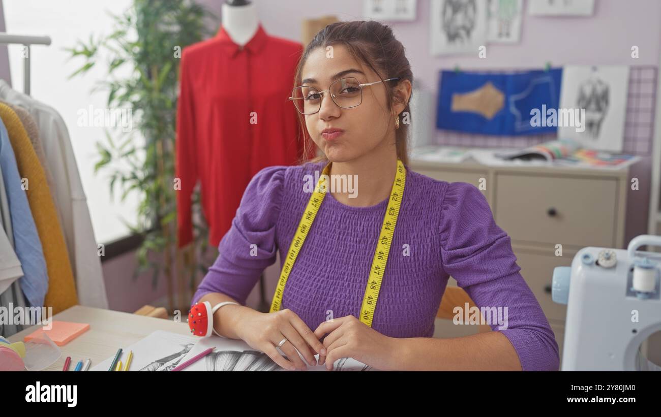 Giovane sarta latina con occhiali in un negozio di sartoria, incentrata sulla creazione di modelli in interni. Foto Stock
