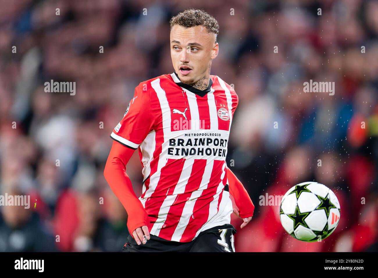 Noa Lang del PSV durante la fase UEFA Champions League, League, Matchday 2 partita di calcio tra il PSV Eindhoven e lo Sporting Clube de Portugal il 1° ottobre 2024 al Philips Stadion di Eindhoven, Paesi Bassi Foto Stock