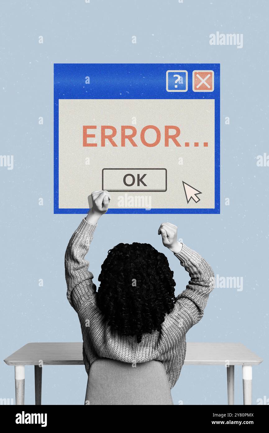 Grafica di tendenza collage di immagini composite della finestra della pagina di errore protezione persona pulsante ok donna stare indietro interfaccia pugno hacker spia. Foto Stock