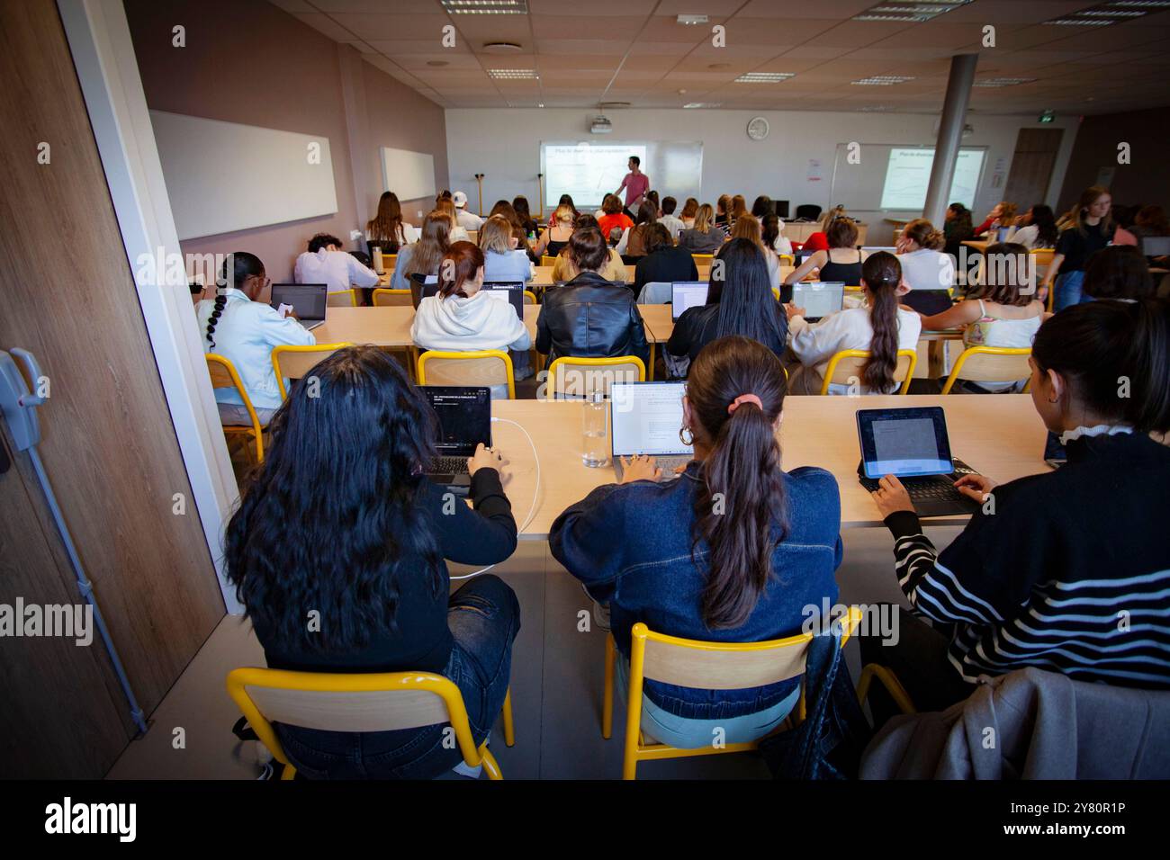 Lione, Bron (Francia centro-orientale), Università Lumière Lione 2, campus "porte des Alpes": Lezione in classe con un gruppo di studenti di Psicologia Foto Stock