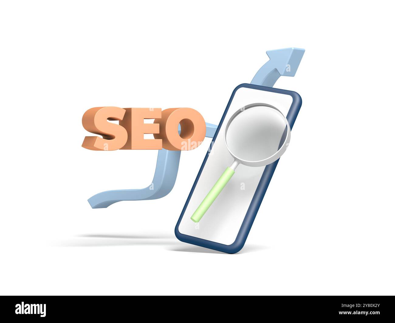 Smartphone, grafico e lente d'ingrandimento isolati su sfondo bianco. SEO. Ottimizzazione dei motori di ricerca. illustrazione 3d. Foto Stock
