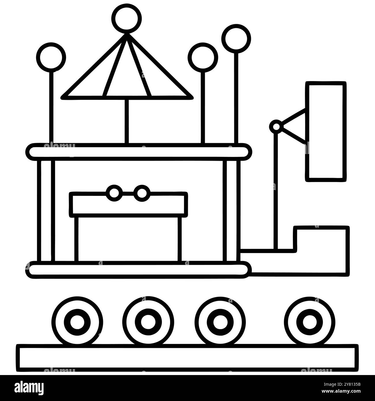 Una semplice illustrazione line art di una rover con ruote. una piattaforma e un piccolo pannello solare. Illustrazione Vettoriale