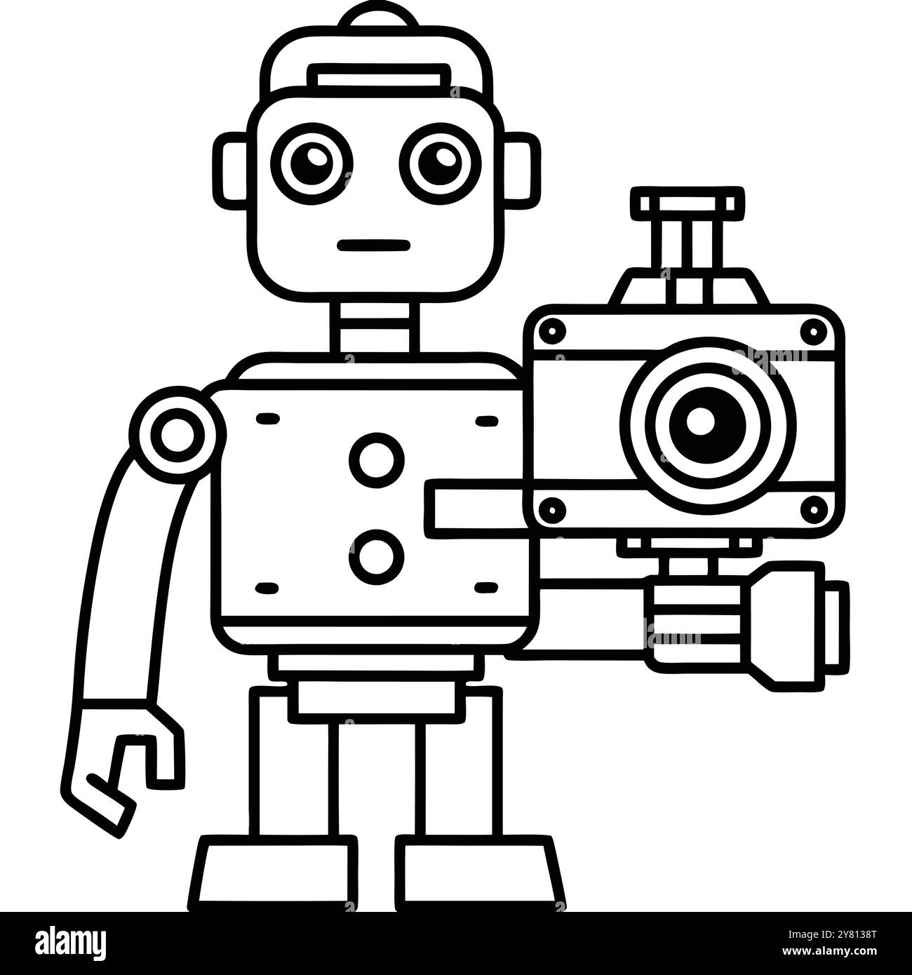 Un semplice disegno in linea di un robot amichevole che tiene in mano una fotocamera. Questa icona è perfetta per rappresentare l'automazione. tecnologia. o intelligenza artificiale io Illustrazione Vettoriale