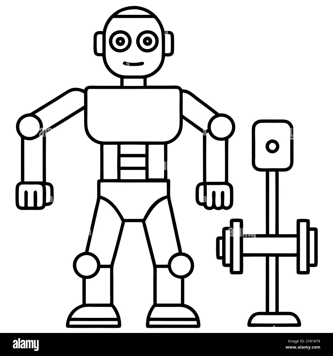 Un semplice disegno lineare di pesi di sollevamento robot. Il robot ha un'espressione amichevole ed è raffigurato in un classico. stile minimalista. Illustrazione Vettoriale