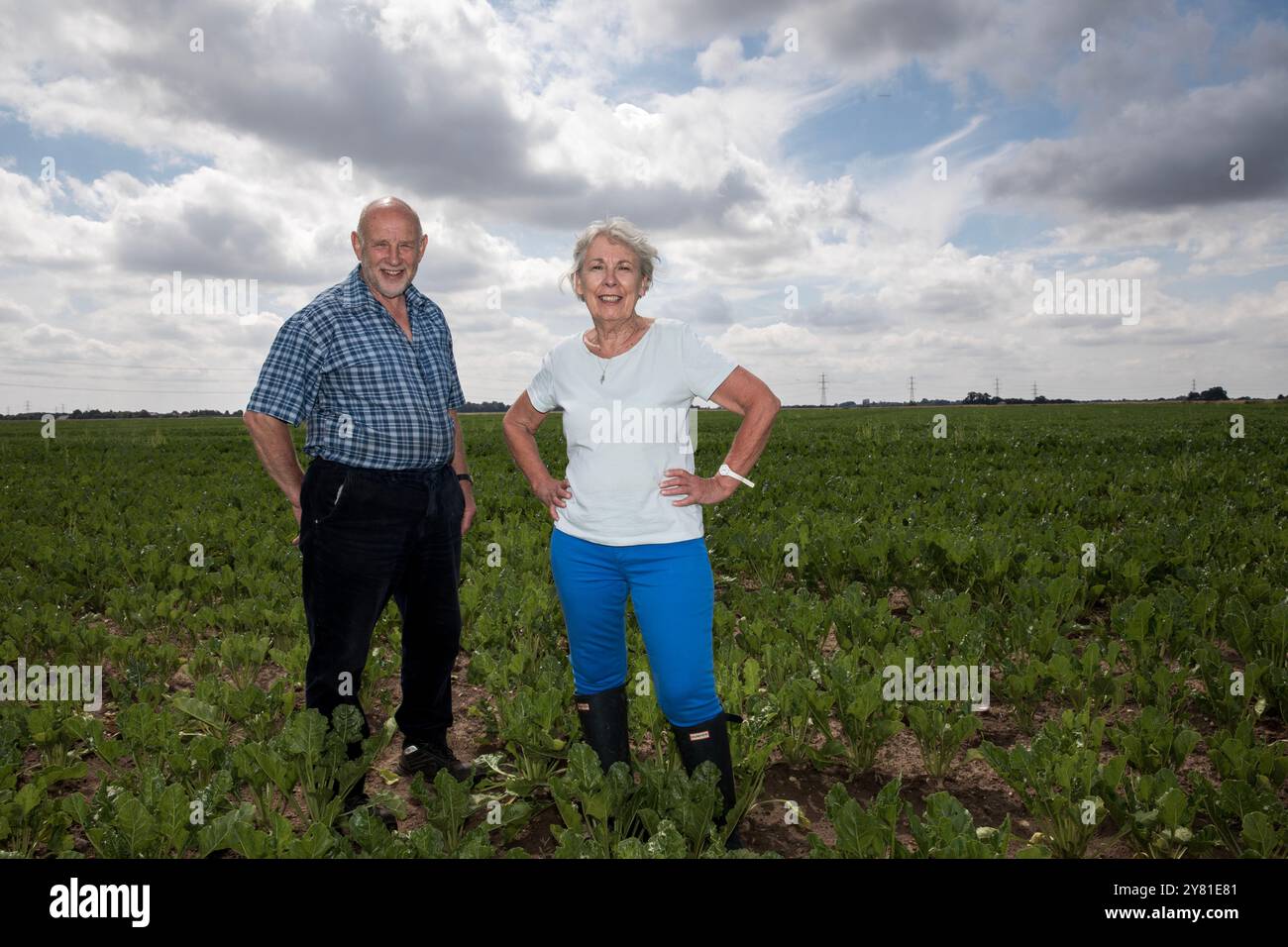 Gli agricoltori Ian e Jenny Pennington, i cui terreni agricoli sulla palude di Spalding, potrebbero essere interessati dalla nuova National Grid Infrastructure che collega i parchi eolici offshore alla National Grid. Si propone che una nuova sottostazione e una linea di piloni alta 50 m possa essere situata sul terreno agricolo o vicino ad esso. Foto Stock