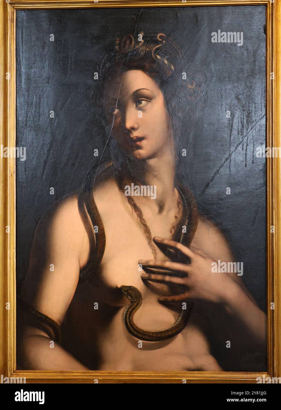 Pittura di Cleopatra e dell'ASP, Leonardo Grazia detto Leonardo da Pistola, XVI secolo, Galleria Borghese, Villa Borghese, Roma, Italia Foto Stock