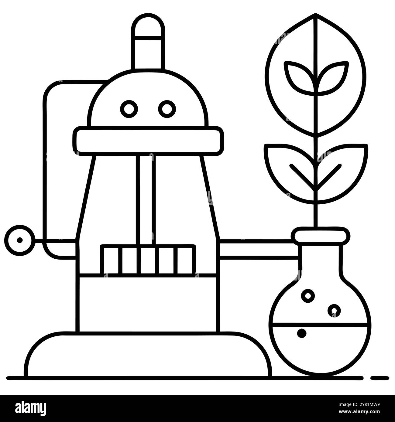 Un'illustrazione in bianco e nero raffigurante un esperimento di laboratorio con una macchina e un becher contenente una pianta. Questa semplice grafica è l'ideale Illustrazione Vettoriale