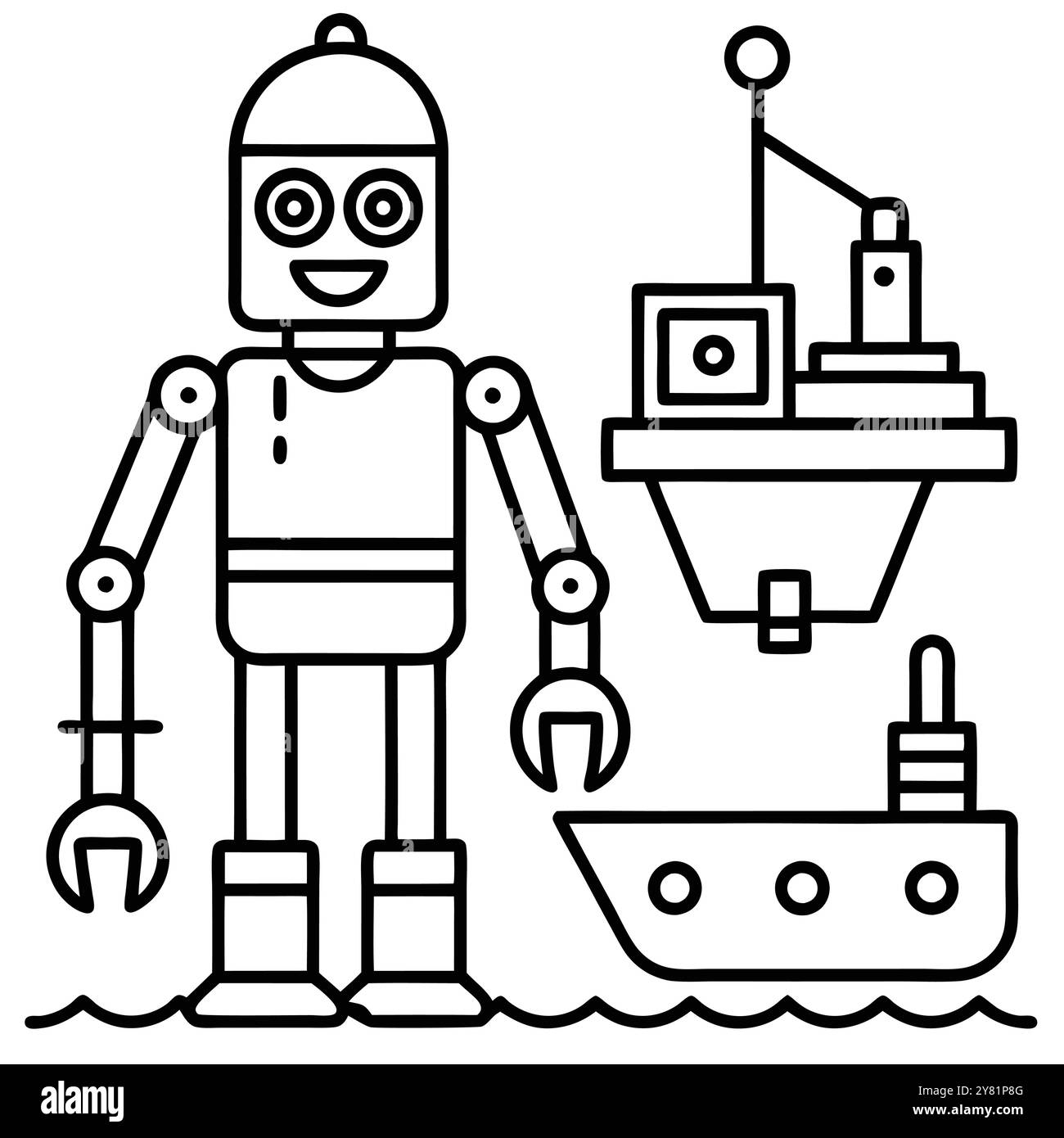 Un robot amichevole con una chiave è orgoglioso di stare accanto a una piccola barca. dimostrazione della potenza dell'automazione e della tecnologia nell'industria marina. Illustrazione Vettoriale