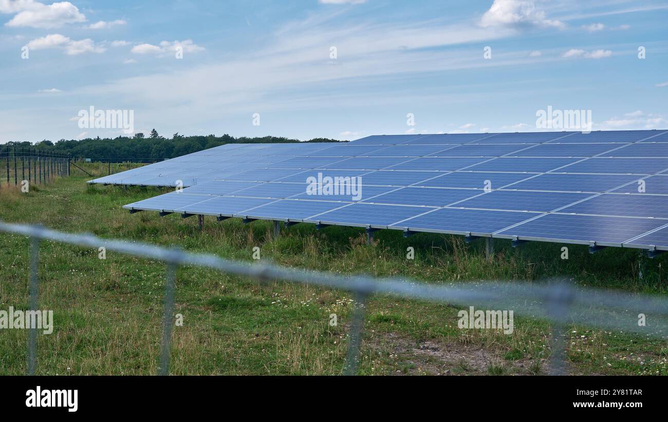 una grande fattoria a energia solare con file di pannelli fotovoltaici, una fattoria a energia solare piena di luce solare in un'area rurale con alberi e cieli blu. Renewabl Foto Stock