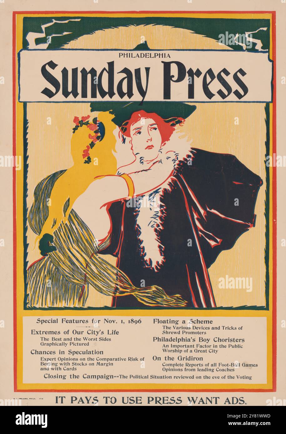 Poster antico per un giornale - Sunday Press. Caratteristiche speciali del 1° novembre 1896 - John Sloan ArtWork Foto Stock