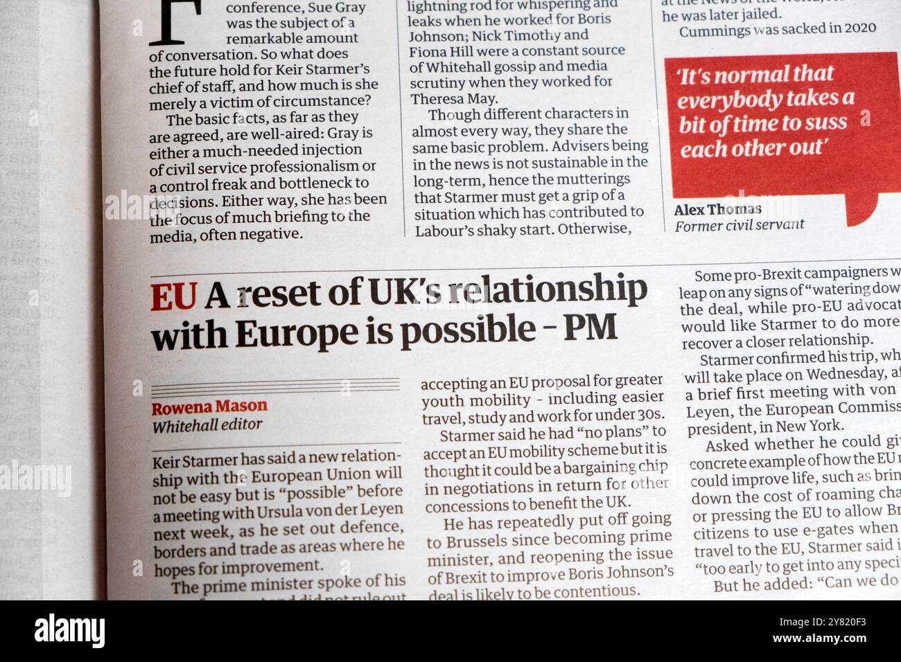 "L'UE è possibile un ripristino delle relazioni del Regno Unito con l'Europa - PM" Keir Starmer Guardian headline 28 settembre 2024 Londra Inghilterra Regno Unito Foto Stock