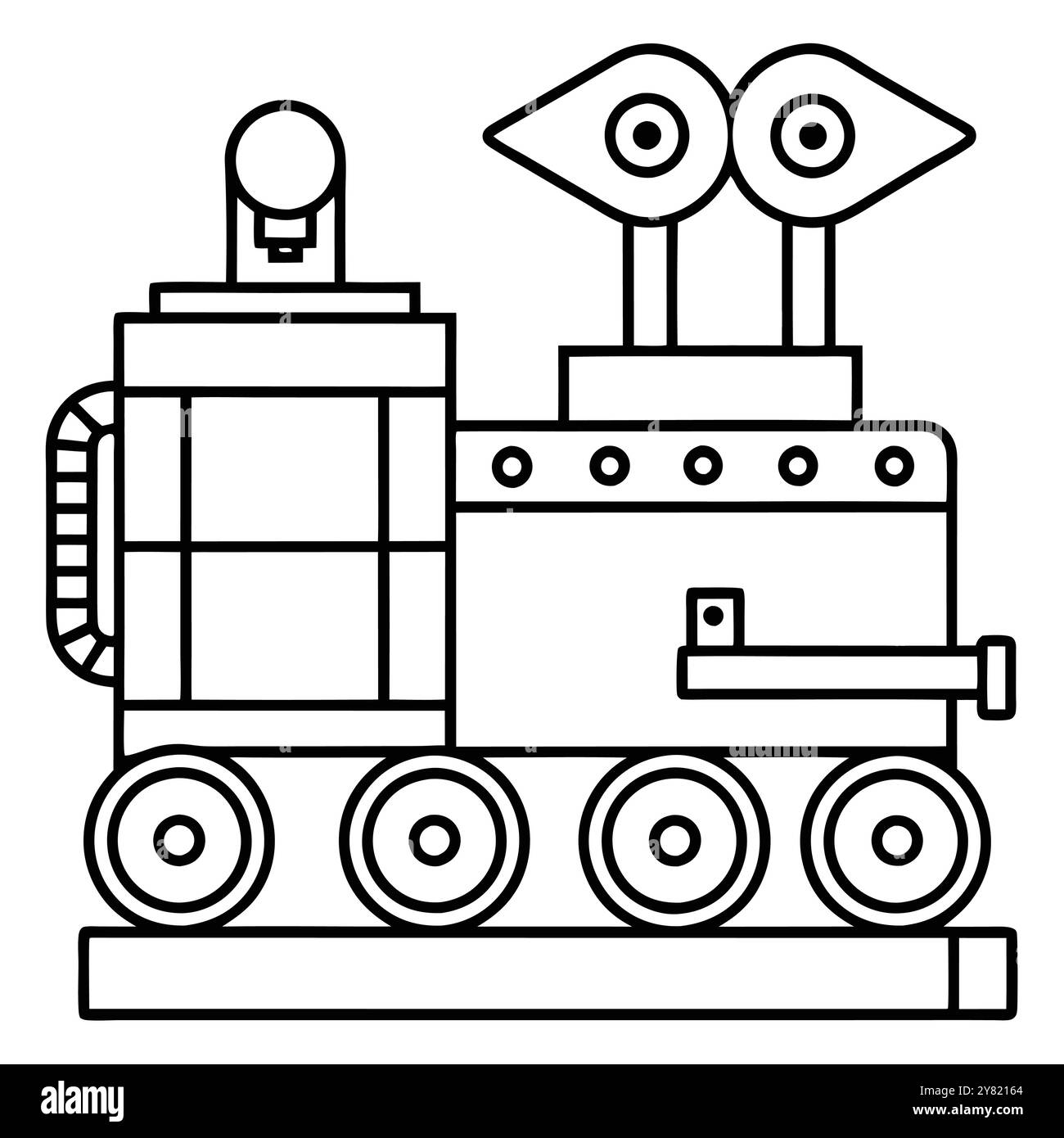 Un semplice disegno lineare di un robot con grandi occhi e ruote. Perfetto per materiale didattico o libri per bambini. Illustrazione Vettoriale