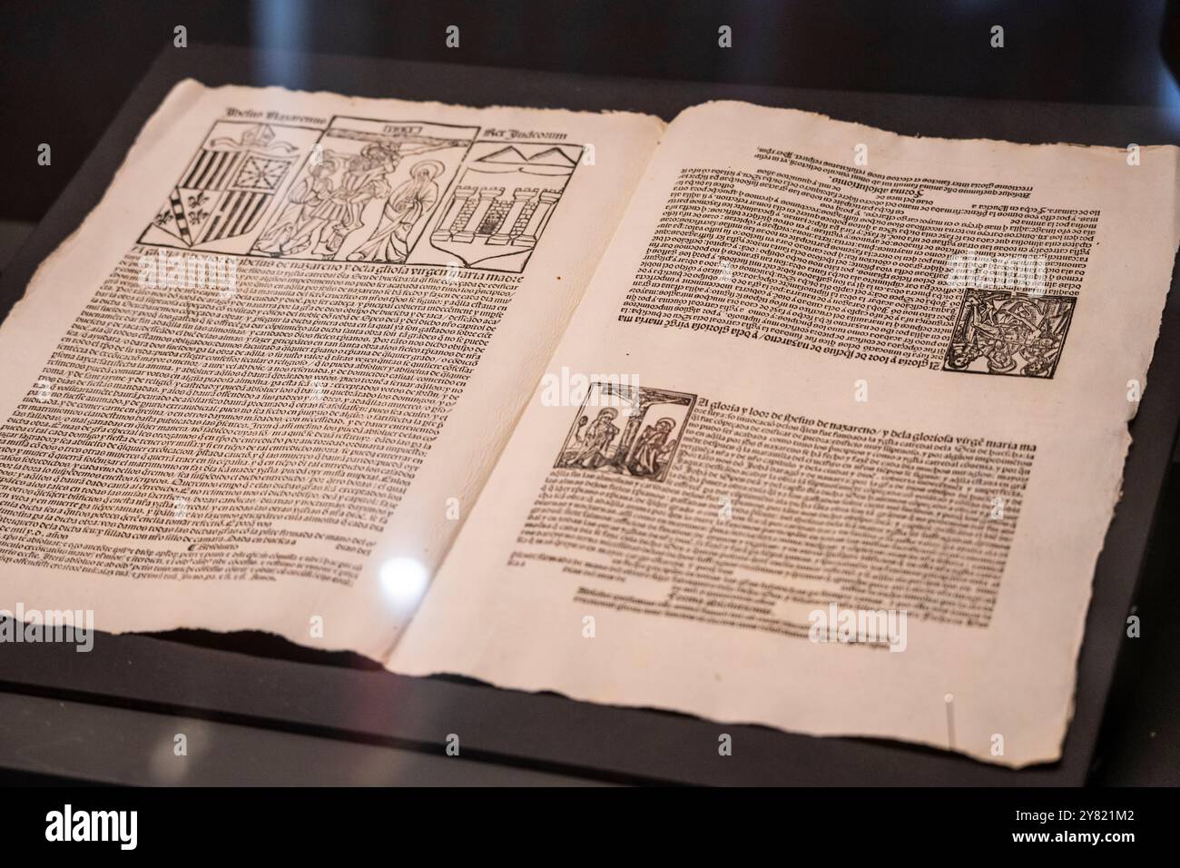 Lettera di indulgenza del vescovo Juan de Aragón, incunabolo tipografico su carta e tre incisioni in legno, laboratorio Jorge Cocci, anno quattrocento, Huesca Foto Stock