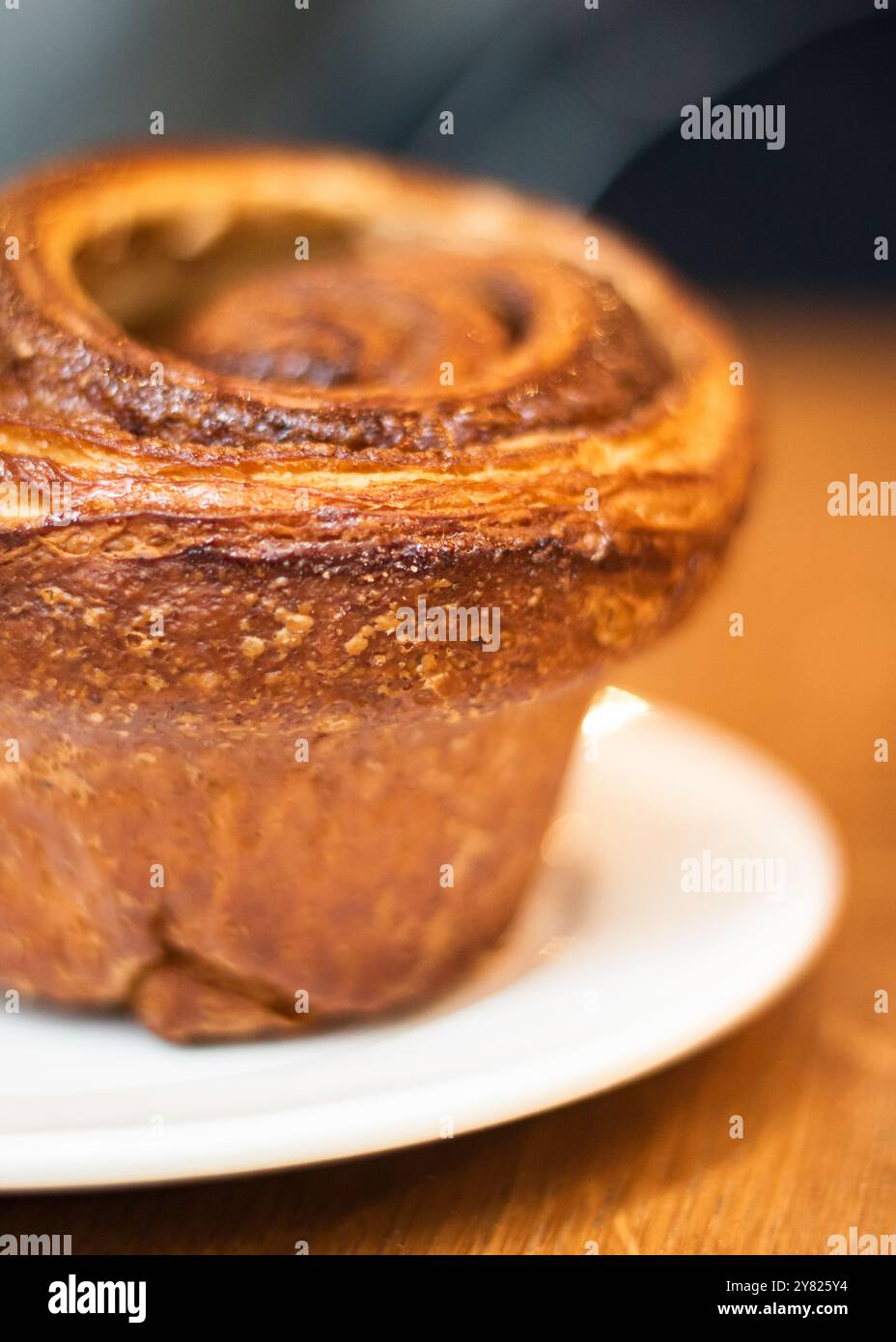 Dolce panino alla cannella da vicino servito su un piatto, da vicino. Foto Stock