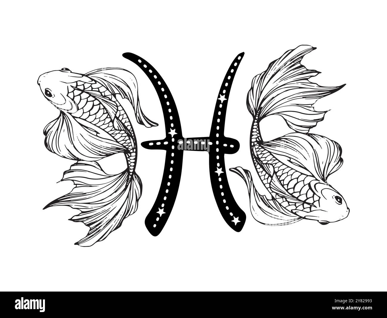 Segno zodiacale dei pesci, tatuaggio a linea, due bellissimi pesci e simbolo astrologico con stelle. Stilizzazione dell'incisione vettoriale, illustrazione disegnata a mano isolata su Illustrazione Vettoriale