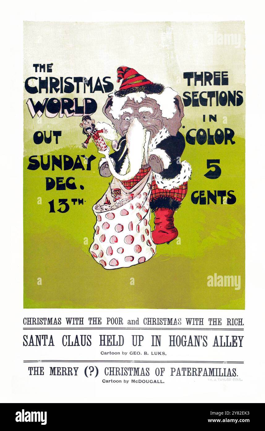 Poster pubblicitario per il poster di Sunday World - annuncio per l'edizione speciale di Christmas World, in uscita il 13 dicembre 1896 - un elefante vestito da Babbo Natale Foto Stock