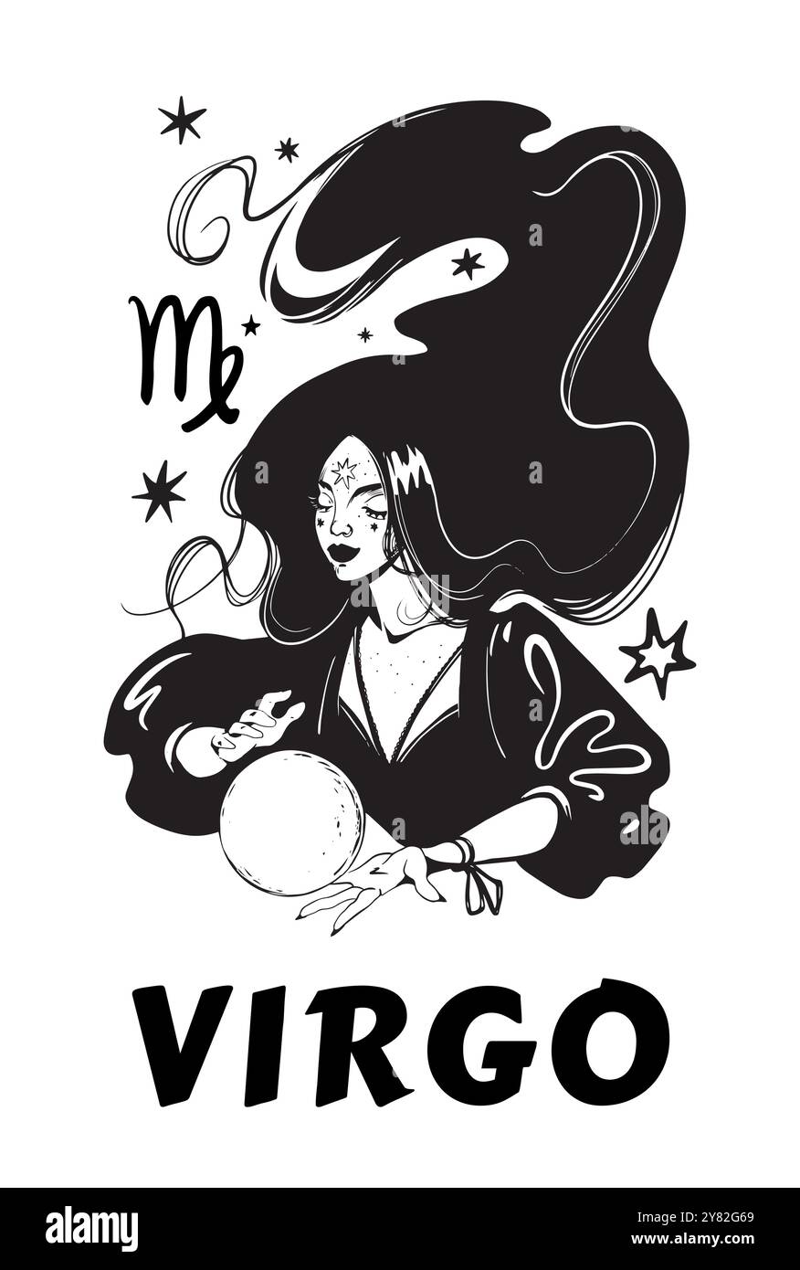 Segno zodiaco Virgo, donna mistica con palla magica in mani e capelli fluenti, illustrazione vettoriale oroscopo disegnato a mano. Stampa esoterica Illustrazione Vettoriale