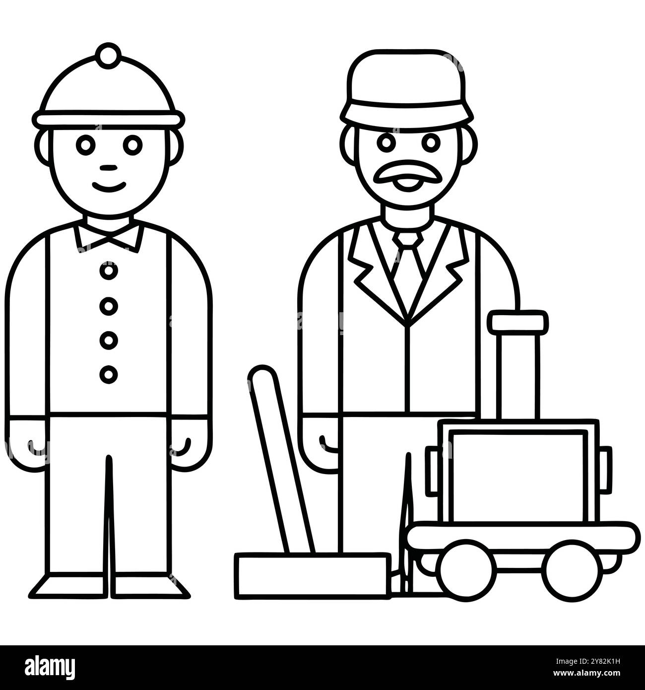 Un semplice disegno lineare di un conduttore di un treno e di un ingegnere. ideale per i libri per bambini. materiale didattico. o grafica del sito web. Illustrazione Vettoriale